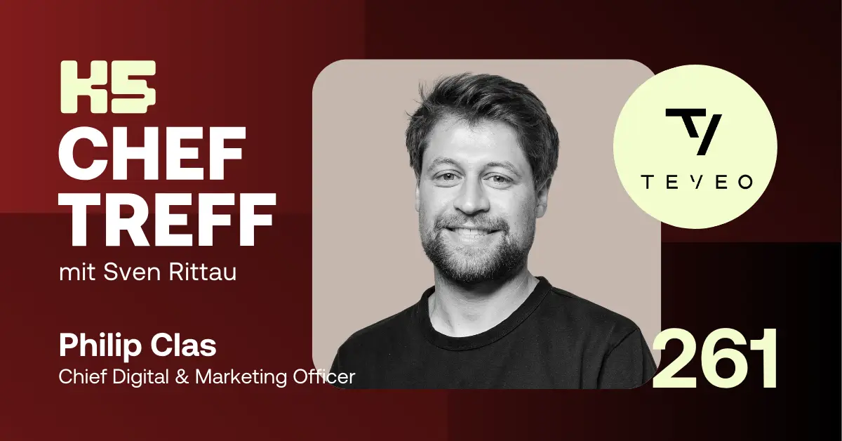 Podcast-Cover von K5 CHEF TREFF Episode 261 mit Philip Clas, Chief Digital & Marketing Officer, vor beigem Hintergrund. Links roter Bereich mit Podcast-Logo und Gast-Information, rechts das TEvEO-Logo.