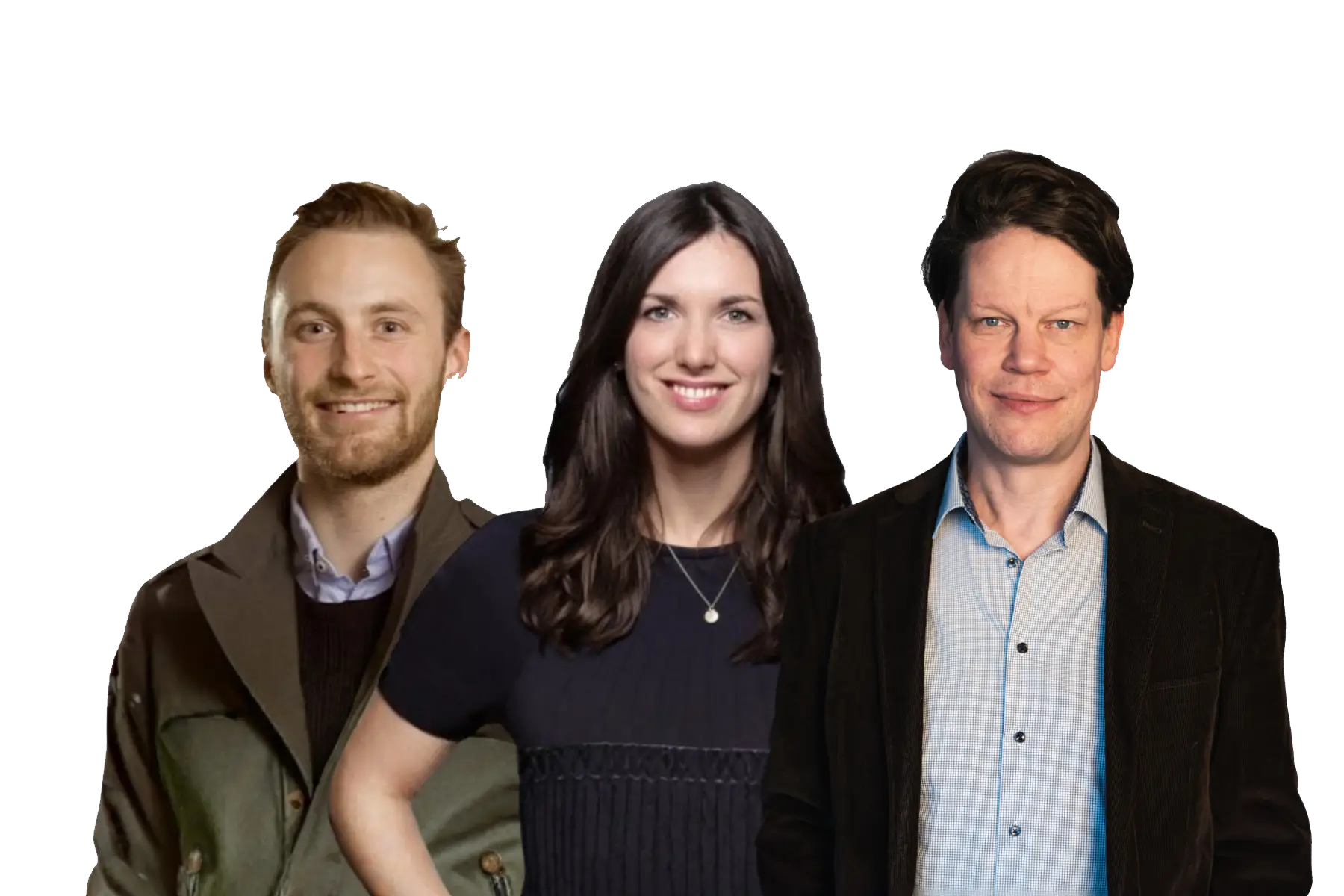 Gruppenportrait vor weißem Hintergrund: Julius Danek von Stripe in olivgrüner Jacke, Frederike Del Castillo von OTTO in dunklem Oberteil, und Dr. Timo Christophersen von OTTO im schwarzen Sakko mit hellblauem Hemd.