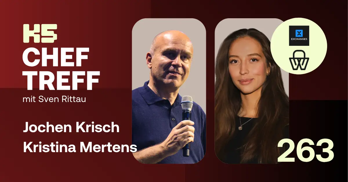 Podcast-Cover von K5 CHEF TREFF Episode 263 vor dunkelrotem Hintergrund mit Jochen Krisch am Mikrofon und Kristina Mertens. Links K5-Logo und Podcast-Titel, rechts die Logos von Exchanges und Wortfilter sowie Episodennummer 263.