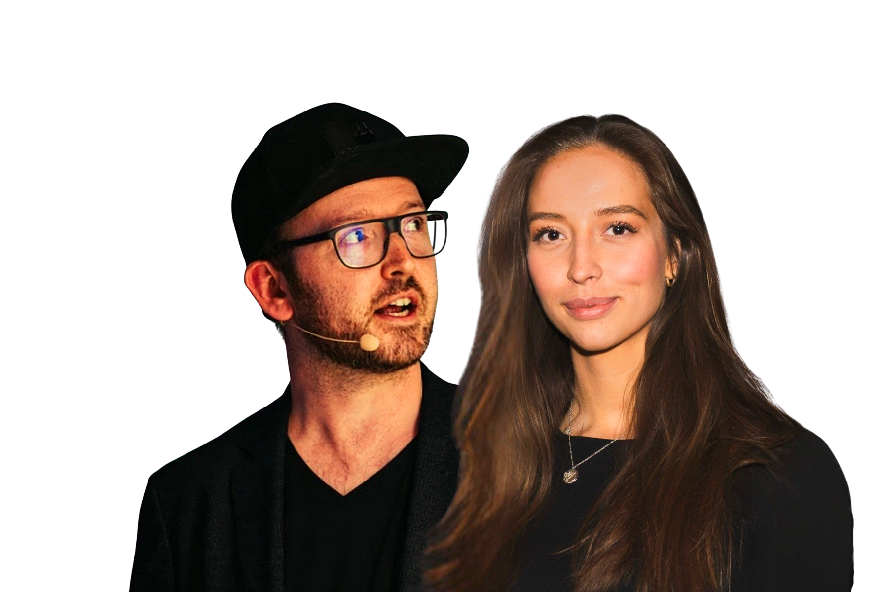 Freigestelltes Bild von Paul Krauss und Kristina Mertens vor dunklem Hintergrund. Paul Krauss trägt schwarze Kleidung, Cap und Brille und blickt seitlich, Kristina Mertens steht frontal mit langen dunklen Haaren und schwarzem Oberteil. Beide sind Gäste im K5 Commerce Cast Episode 196.