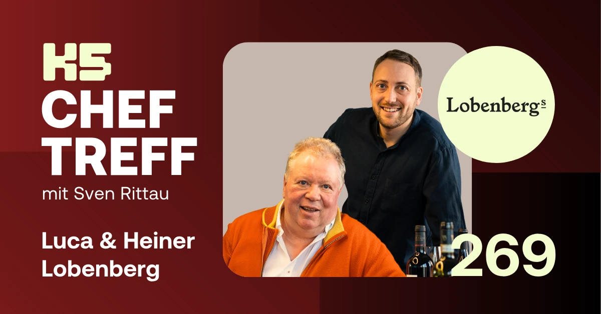 Podcast-Cover des K5 ChefTreff Episode 269 mit Luca Lobenberg und Heiner Lobenberg von Lobenberg&rsquo;s Gute Weine. Links das K5-ChefTreff-Logo mit dem Hinweis &bdquo;mit Sven Rittau&ldquo;, rechts ein Portr&auml;t von Luca und Heiner Lobenberg vor Weinflaschen. Oben rechts das Logo Lobenberg&rsquo;s, unten rechts die Episodennummer &bdquo;269&ldquo;.