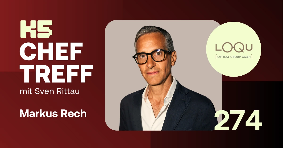 Podcast-Cover K5 ChefTreff Episode 274 mit Host Sven Rittau und Gast Markus Rech. Markus Rech, CEO der LoQu Optical Group, ist mit Brille und Sakko abgebildet. Rechts oben befindet sich das Logo der LoQu Optical Group GmbH. Hintergrund in dunkelrot-bordeaux T&ouml;nen.