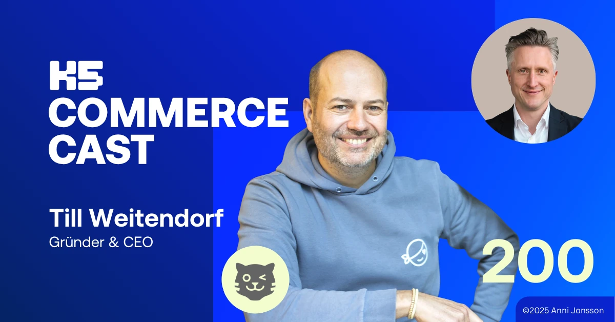 Podcast-Cover K5 Commerce Cast Episode 200. Zu sehen ist Gast Till Weitendorf (Gr&uuml;nder & CEO Tiger Media) im blauen Hoodie mit Tiger-Logo, der l&auml;chelt. Oben rechts ist Host Michael vom Sondern in einem Kreis abgebildet. Blauer Hintergrund mit wei&szlig;er Schrift und der gelben Zahl 200.