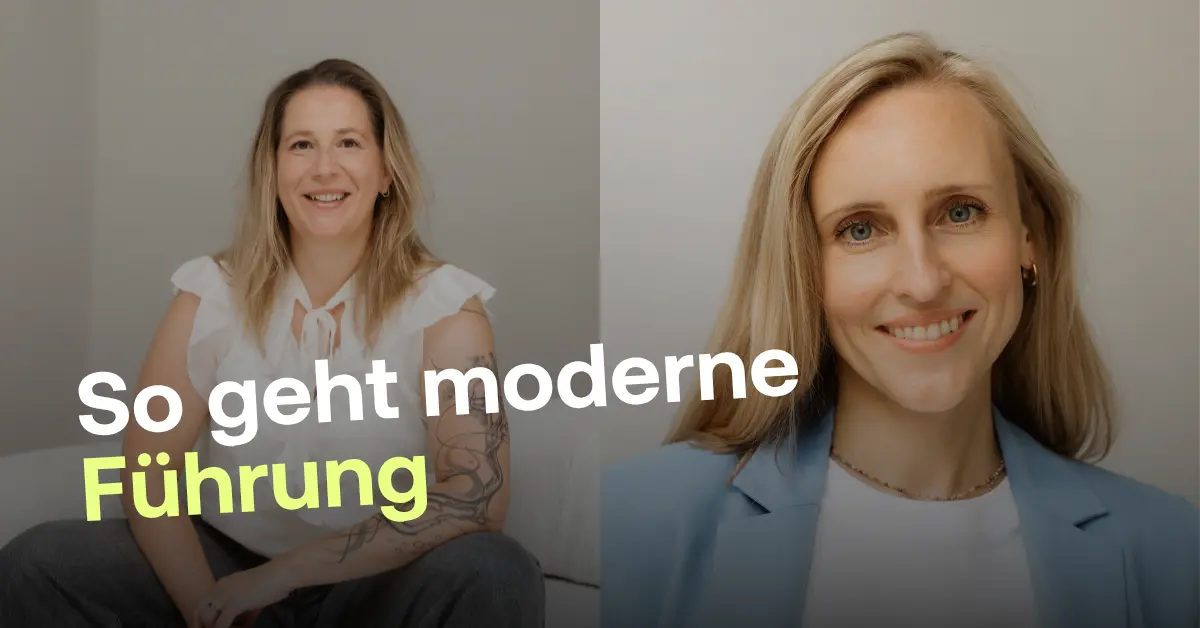 Ein zweigeteiltes Portr&auml;tfoto von Vera Term&uuml;hlen-Enger und Yvonne Seim. Links sitzt Vera l&auml;chelnd in einem wei&szlig;en Oberteil, auf ihrem linken Arm ist ein gro&szlig;fl&auml;chiges Tattoo sichtbar. Rechts ist Yvonne im Portr&auml;t zu sehen, sie tr&auml;gt einen hellblauen Blazer &uuml;ber einem wei&szlig;en Shirt und l&auml;chelt direkt in die Kamera. &Uuml;ber dem Bild liegt der Schriftzug: &bdquo;So geht moderne F&uuml;hrung&ldquo;.