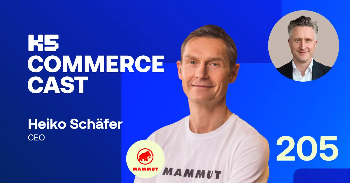 Cover f&uuml;r den &bdquo;K5 Commerce Cast&ldquo; (Folge 205) auf blauem Hintergrund. Links steht der Text &bdquo;Heiko Sch&auml;fer, CEO&ldquo;. In der Mitte ist Heiko Sch&auml;fer in einem wei&szlig;en Mammut-T-Shirt zu sehen, daneben das Logo der Marke Mammut (ein rotes Mammut auf gelbem Grund). Oben rechts befindet sich ein kreisf&ouml;rmiges Portr&auml;tfoto von Michael vom Sondern.