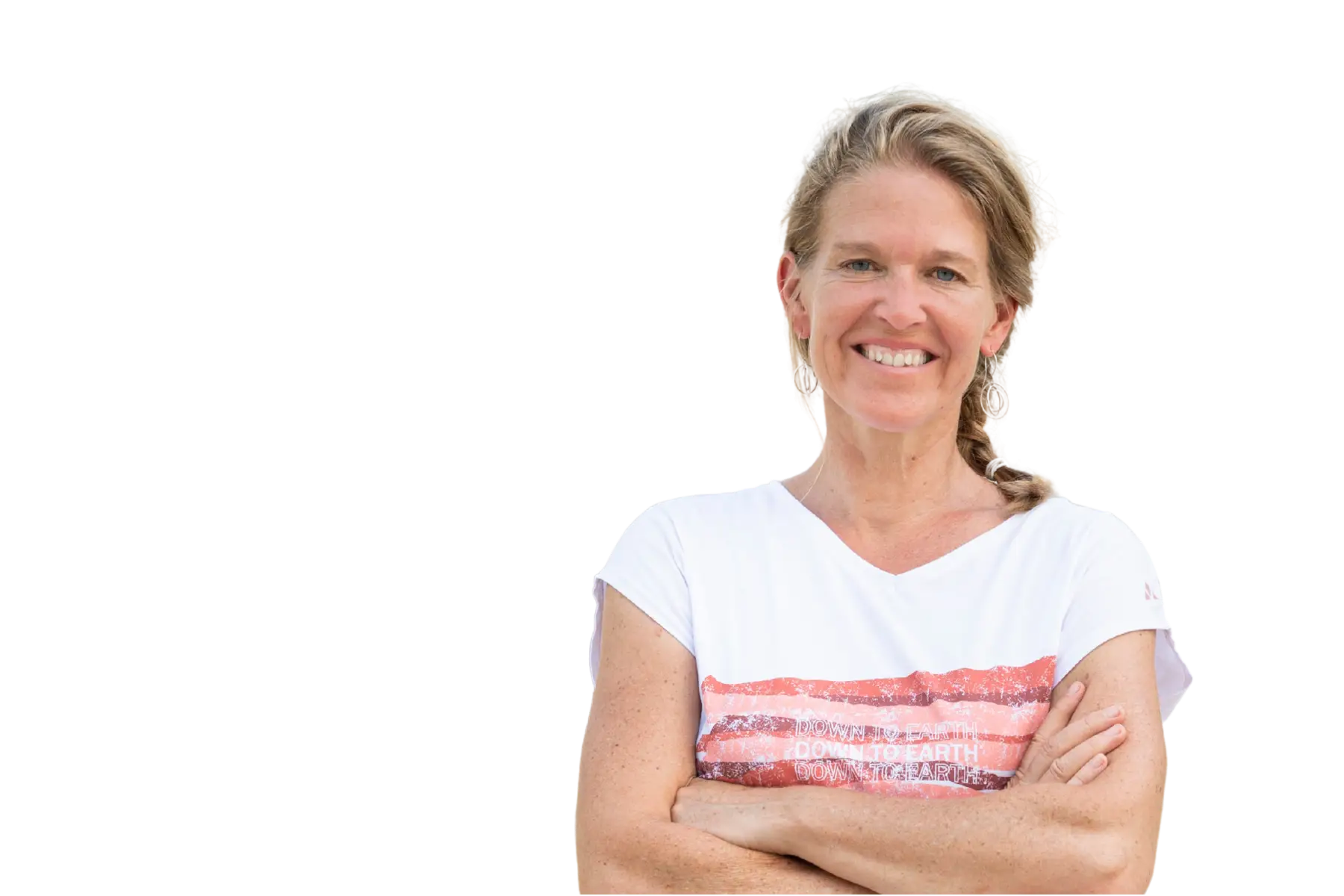 Freigestelltes Porträt von Antje von Dewitz vor weißem Hintergrund. Sie hat blondes, leicht gewelltes Haar, trägt ein weißes V-Ausschnitt-T-Shirt mit einem "Down to Earth" Aufdruck und blickt mit verschränkten Armen lächelnd in die Kamera.