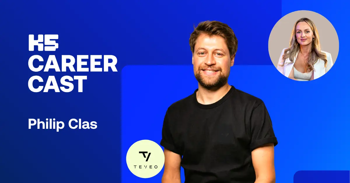 K5 CareerCast Thumbnail mit Philip Clas und einer Moderatorin &uuml;ber die offene Stelle als Performance Marketing Manager bei Teveo.